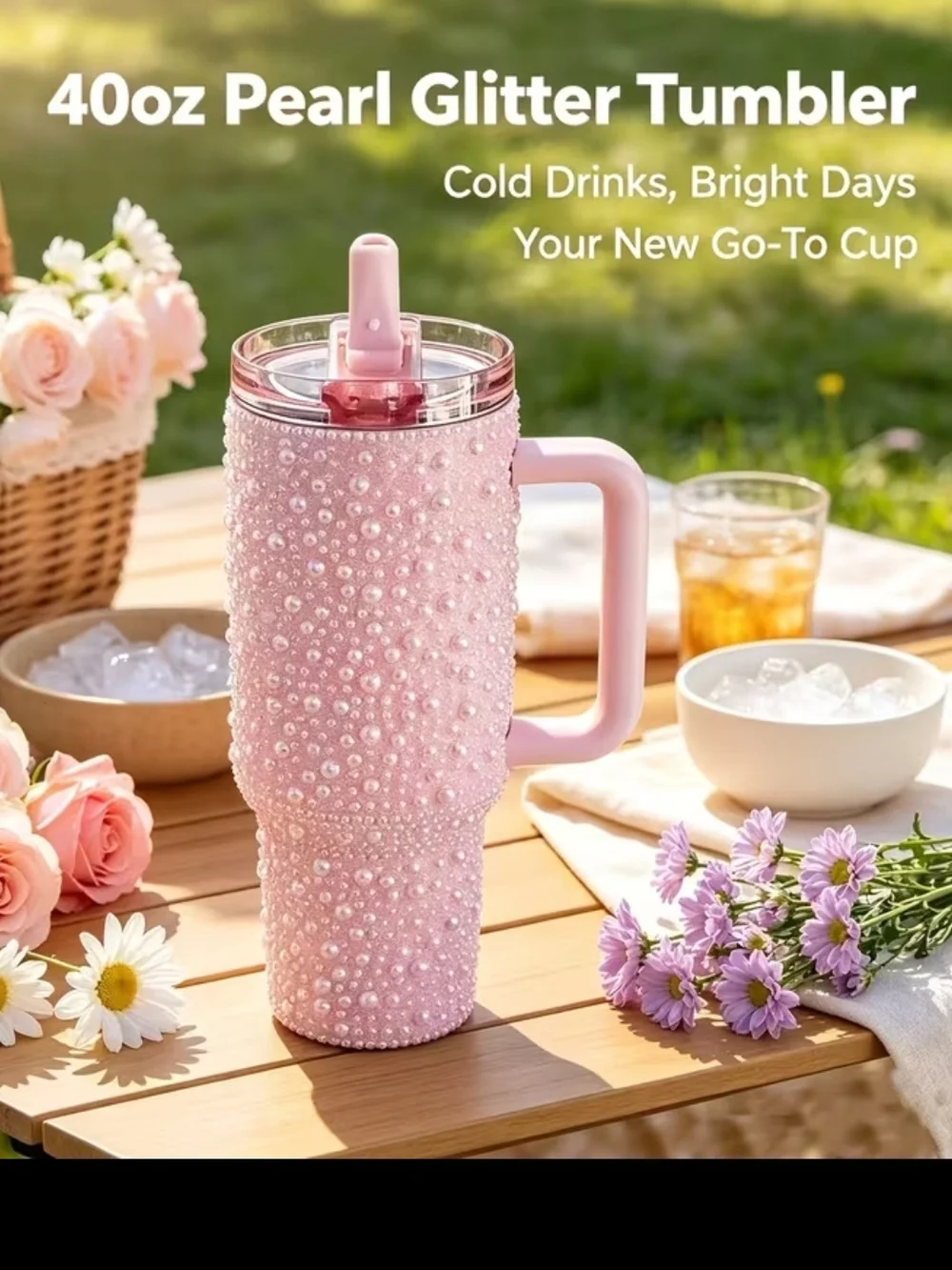 Pearl Rhinestone 40oz Tumbler with Handle - Pink and White
